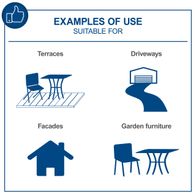 Examples of typical usage: Terraces, driveways, facades, garden furniture
