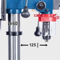 Drill bit detail of a bench pillar drill showing 60 mm chuck diameter and 125 mm height adjustment
