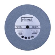 Scheppach wet grinding wheel with performance specs and safety icons