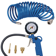 Scheppach compressed air accessory set with hose, pressure gauge, hand pump, and connectors