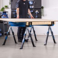Scheppach workbench setup with adjustable height supports and sturdy legs for precise woodworking