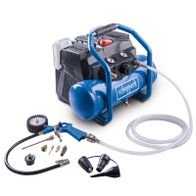 Scheppach cordless air compressor set with air gun, hoses, pressure gauge, and fittings