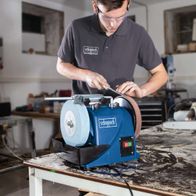 Scheppach wet bench grinder with stone in use
