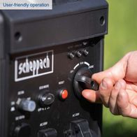 Scheppach inverter generator control panel showing RUN, CHOKE, and RESET buttons with overload indicator and AC output switch
