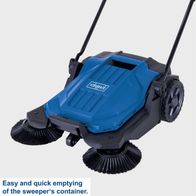 Scheppach push sweeper with easy container emptying feature