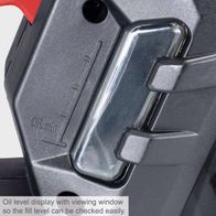 Oil level display with viewing window for easy oil fill check on the Scheppach electric chainsaw