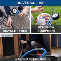 Portable air compressor showing tyre inflation, sports equipment and stapling applications with accessory set