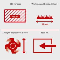 Electric scarifier key features: 38 cm working width, 700 m² coverage, 5-fold height adjustment, 1600 W power