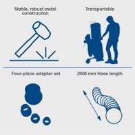 Robust metal frame with four-piece adapter set for flexible connections, portable design featuring a 2000 mm hose length