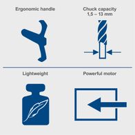 Ergonomic handle, adjustable chuck 1.5–13 mm, lightweight design, powerful motor