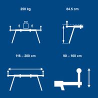 Stand dimensions: height 84.5 cm, adjustable width 116–200 cm, max load capacity 250 kg