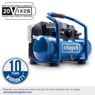 Portable cordless compressor featuring a 10-year warranty with comprehensive accessory set