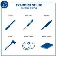 Examples of typical tools and their uses: Chisels, drill bits, blades, axes, metal tubes, metal plates