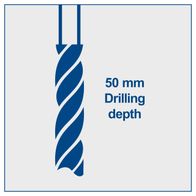 Drill bit showing 50 mm drilling depth for bench pillar drill