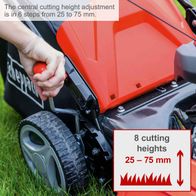 Lawnmower with 8 adjustable cutting heights from 25 to 75 mm, height adjustment in 6 steps