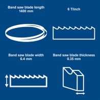 Band saw blade measuring 1400 mm long, 6.4 mm wide, 0.35 mm thick with 6 teeth per inch
