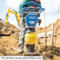 Scheppach VS1000 petrol-powered tamping rammer with transport wheels and 5.6 HP engine