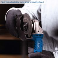 Scheppach cordless angle grinder featuring tool-free adjustment and protective cover