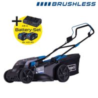 Brushless lawn mower with battery set: 2x 4.0 Ah batteries and 4.5 A charger for Scheppach equipment