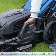 Central cutting height adjustment feature showing 7 settings from 26 to 80 mm for lawnmower