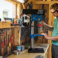 Scheppach bench pillar drill with variable speed in workshop setting