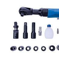 Scheppach air impact wrench accessory set with various adapters, sockets, and drill bits.