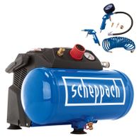 Scheppach oil-free air compressor with 6L tank, 8 bar capacity, including accessories and 5m hose