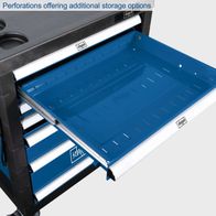 Perforated storage compartments for additional organization on the workshop trolley TW1000
