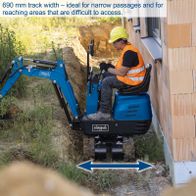 Compact excavator with 690 mm track width for narrow spaces, chain drive, Scheppach model