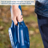 Leaf blower showing air performance with two speed settings (115 km/h and 155 km/h)