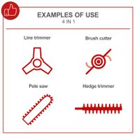 Multifunction tool illustration showing line trimmer, pole saw, hedge trimmer and brush cutter