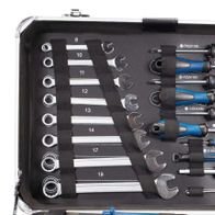 Scheppach tool kit with ring spanner and wrench holders, including screwdrivers and specialized tools