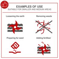 Examples of use for smaller and medium garden areas: loosening soil, removing weeds, preparing for seed, adding fertiliser