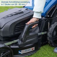 Central cutting width adjustment for battery-powered lawnmower, height range 26–80 mm