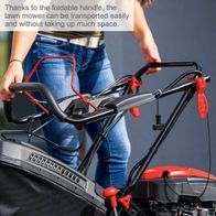 Foldable handle for easy transport and compact storage of a Scheppach lawnmower