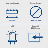 Metal band saw with LED lighting and 1200 W motor, max. 80 mm cutting diameter and 1141 mm band length
