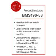 Scheppach BMS196-88 features: tough terrain capability, large wheels for stable traction, fast cutting progress with 88 cm width, powerful 4.2 kW petrol engine