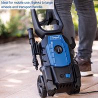 Scheppach pressure washer with large wheels and transport handle for easy mobility