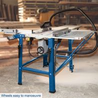 Table saw with easy-to-manoeuvre wheels for mobility