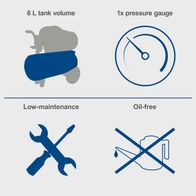 Key features: 6L tank capacity, 1 pressure gauge, low maintenance, oil-free