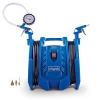 Scheppach air compressor featuring gauge, tire inflator, air nozzle and adapter set