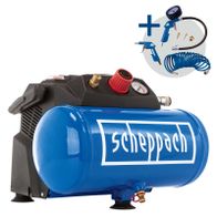 Scheppach air compressor featuring a 6-litre tank, oil-free, 8 bar capacity, with accessories and 5m hose