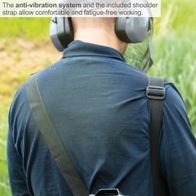 Anti-vibration system and shoulder strap for comfortable and fatigue-free operation