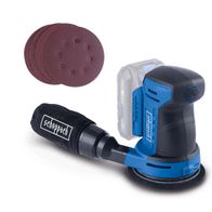 Scheppach cordless orbital sander with included sanding pads and attachments