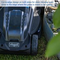 Scheppach cordless lawnmower with precise edge cutting for clean grass trimming near borders