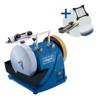 Scheppach wet grinding system with adjustable stone holder and tool attachment for precision grinding