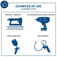 Examples of typical Scheppach compressor uses: nailing, stapling, air impact wrench, paint spray gun, tyre inflation