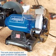 Scheppach wet and dry bench grinder with adjustable work piece support and spark protection