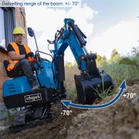 Mini excavator showing ±70° arm swivel for precise operation