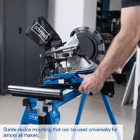 Stable universal device stand for mitre saws with heavy-duty support and adjustable width